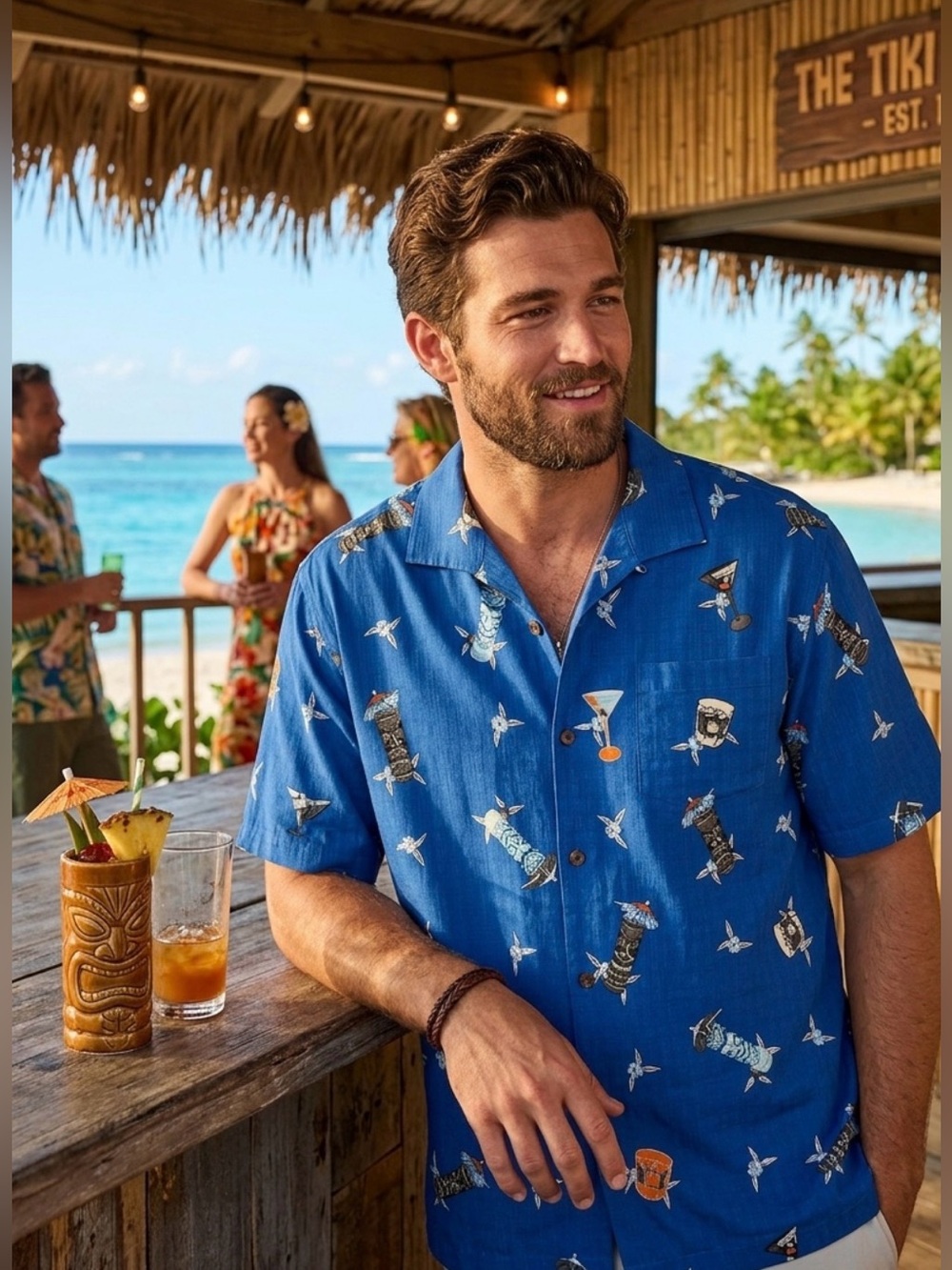 Tommy Bahama Blue Tiki Cocktail Button Short Sleeve Camp Resortwear Shirt